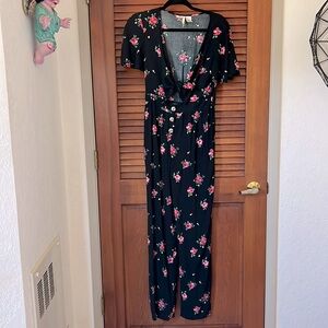 Mimi Chica Black Floral Jumpsuit Wide Leg Tie Front Button Closure